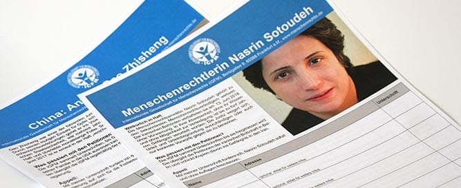 Die iranische Anwältin Nasrin Sotoudeh ist eine der bekanntesten Menschenrechtsverteidigerinnen weltweit. Sie ist in einem unfairen Prozess zu einer Haftstrafe von 33 Jahren sowie zu 148 Peitschenhiebe verurteilt worden.
