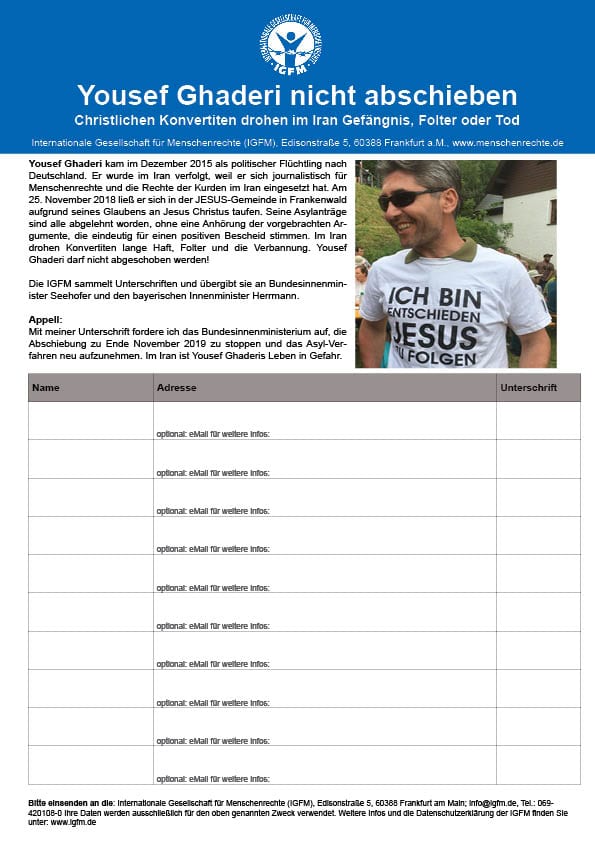 Zur Unterschriftenliste für Yousef Ghaderi