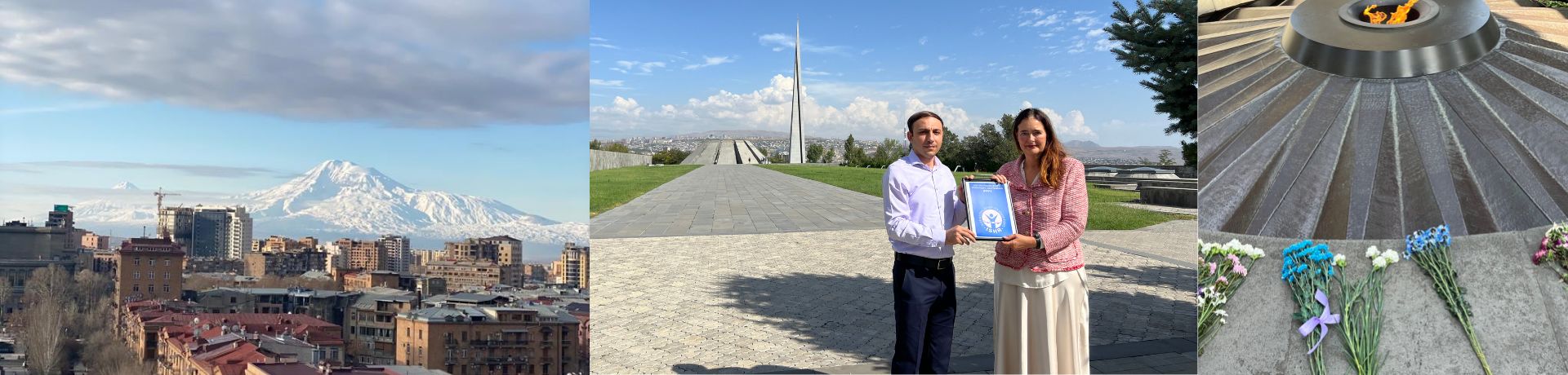 IGFM trifft Ombudsmann für Menschenrechte in Armenien Michaela Koller überreicht Gegham Stepanyan dei Urkunde des Stephanus-Sonderpreises vor dem Genozid-Denkmal
