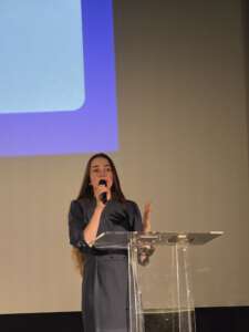 Oleksandra Matvichuuk speaks at Cafe Kyiv 2026 in Berlin.